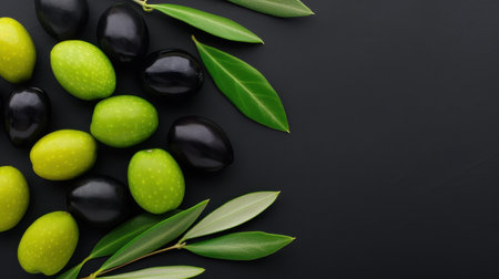 Closeup of lush olives in oil, surrounded by green leaves, evoking a savory taste and inviting texture.の素材