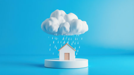 An isolated blue background highlights an empty podium scene, showcasing an umbrella, clouds, and rain for security themes.の素材
