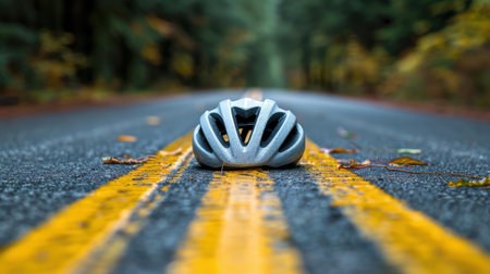 The protective bike helmet lies on the ground, showcasing essential cycling gear for a safe ride in natures beauty.の素材