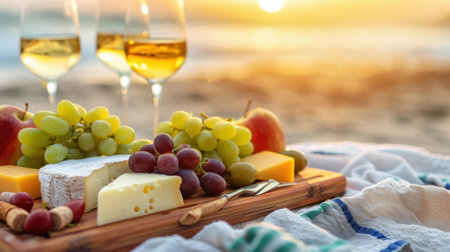 Enjoy a perfect evening with a picnic on the beach, featuring fresh fruits, cheese, olives, and a glass of white wine at sunset.の素材
