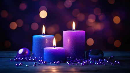 In the dimness, candles with shimmering purple sparkle illuminate while blurred lights create a magical, ethereal ambiance.の素材