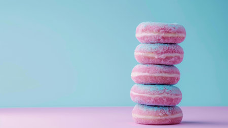 Indulge in the charm of these pastel donuts, beautifully arranged against a soft pink and blue backdrop for a fun treat.の素材