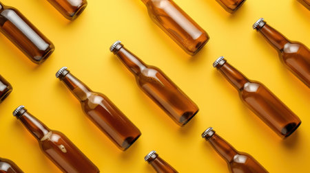 Bright yellow background showcases a trendy flat lay design of glass beer bottles, ideal for casual gatherings.の素材