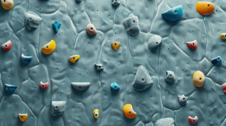 Reach new heights with our indoor bouldering wall, featuring various holds for an exhilarating climbing experience.の素材