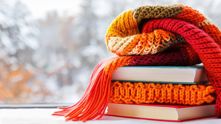 Wrap yourself in comfort with a knitted scarf and a stack of books, perfect for those chilly winter mornings at home.の素材