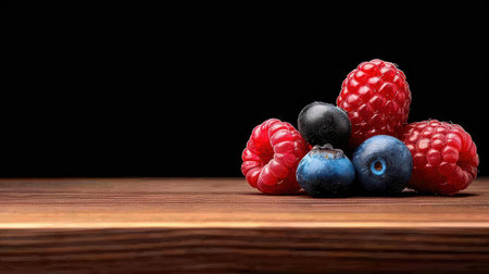 Discover the vivid beauty of assorted berries, with blueberries and raspberries glistening on a warm wooden surface.の素材