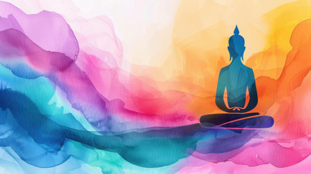 Stunning watercolor art capturing the essence of Mahavir in meditation, perfect for celebrating Mahavir Jayantis spirit.の素材