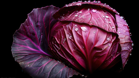 Freshly washed red cabbage leaves adorned with tiny water droplets, highlighting their vibrant hue and crunchy freshness. Ideal for healthy dishesの素材