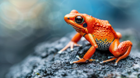 This vibrant orange amphibian perches on a rugged stone, showcasing natures artistry in its colorful environment.の素材