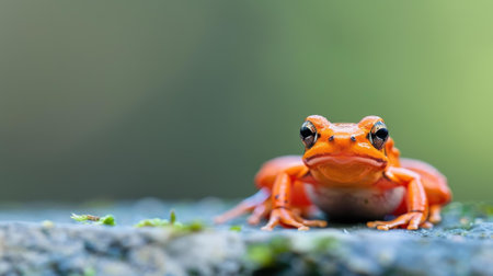 This vibrant orange amphibian perches on a rugged stone, showcasing natures artistry in its colorful environment.の素材