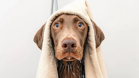 This wet dog, a beautiful brown Weimaraner, enjoys cozy moments wrapped in a towel postbath, ready for some cuddles.の素材