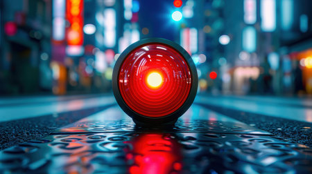 The digital alert lamp casts a red glow, ensuring visibility and safety on dark streets, alerting passersby of potential hazards.の素材