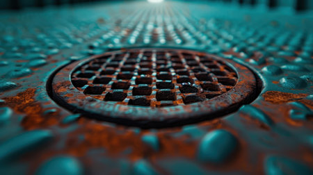 The brown rusty grate contrasts with the shutter backdrop, creating an intriguing mix of textures and urban charm outside.の素材
