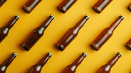 Bright yellow background showcases a trendy flat lay design of glass beer bottles, ideal for casual gatherings.の素材