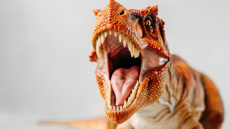 This striking image captures a T. rex in an aggressive pose, highlighting its status as a fearsome prehistoric predator.の素材