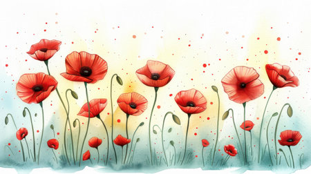 This stunning illustration blends deep red blooms with patriotic colors, evoking a heartfelt tribute to heroes on Memorial Day.の素材