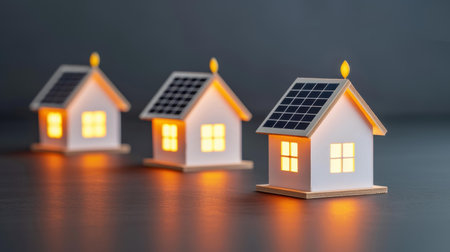 At dusk, two quaint houses with solar panels stand together, surrounded by a dreamy, blurred backdrop of natures beauty.の素材