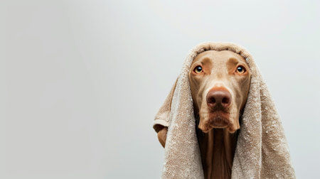 Grooming time This adorable brown Weimaraner enjoys postshower cuddles in a towel against a clean backdrop.の素材