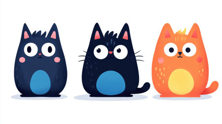 A fun and lively collection of cats, showcasing a modern cartoon style with colorful textures in flat illustration.の素材