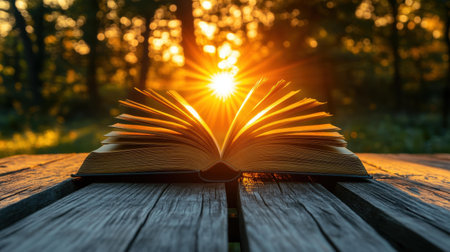 A wooden table showcases an open book with a vibrant sunrise behind it, emphasizing the essence of lifelong learning.の素材