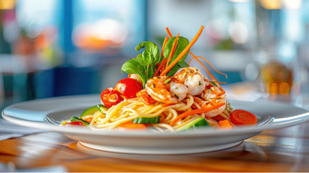 Enjoy a masterfully arranged meal that features a fresh salad and a delectable pasta dish adorned with seafood and carrots.の素材
