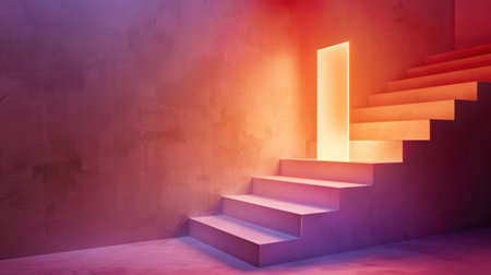 This 3D rendering showcases a minimalist lightbox stand, ideal for promotional branding in a contemporary space by the stairs.の素材