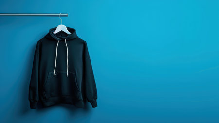 Minimalist black hoodie displayed against a deep blue background, an ideal canvas for custom logos and unique designs.の素材
