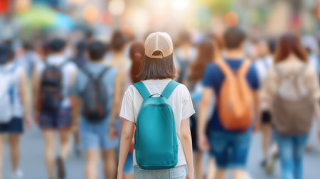 Feel the rhythm of city living in a vibrant, warmlit street filled with a blurred crowd, epitomizing the hustle and bustle.の素材