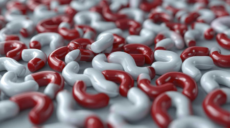 Dive into this dynamic 3D rendering of infinite question marks, a visual journey that challenges and intrigues the mind.の素材