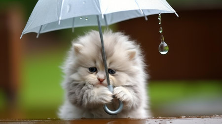 Watch this adorable cat stay dry beneath its vibrant umbrella, proving even pets can enjoy the rain in style.の素材