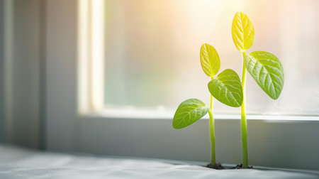 Sunlight spills onto vibrant green bean sprouts, nestled by a curtain, showcasing their lush growth and natural beauty.の素材