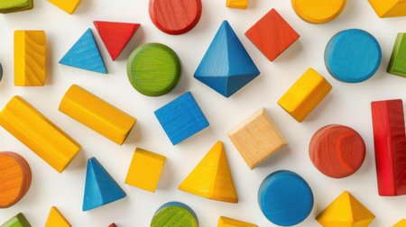 Explore a collection of eyecatching wooden toys designed for imaginative play, promoting learning through colorful geometric shapes.の素材