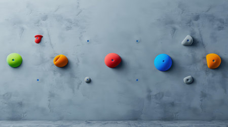 Reach new heights with our indoor bouldering wall, featuring various holds for an exhilarating climbing experience.の素材