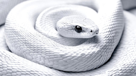 Observe a captivating snake with a sleek white body and bold black eye, perfectly highlighted by a clean backdrop.の素材