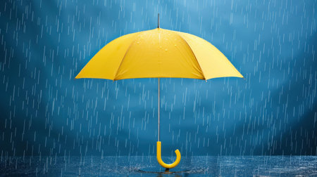 The vibrant yellow umbrella shines amid the gentle rain, creating a cheerful contrast to the gray, wet surroundings.の素材