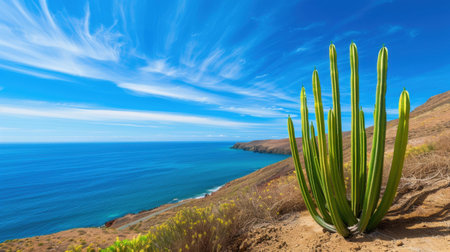 Discover the vibrant landscape where wild agave cacti meet the stunning scenery of Spains Mediterranean coast.の素材