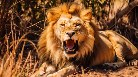 Majestic wild lion roars with open mouth, sharp fangs visible, set against a vibrant natural landscape.の素材