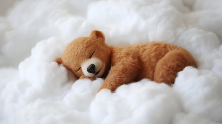 This adorable baby bear is blissfully asleep on a fluffy cloud, exuding innocence and tranquility in a bright setting.の素材