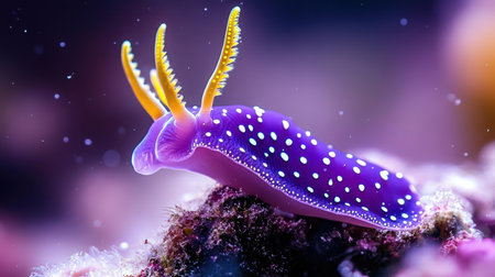 Bright yellow appendages highlight a purple nudibranch exploring colorful coral, capturing the essence of marine diversity.の素材