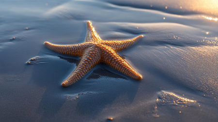 The calm beach features a starfish on damp sand, with gentle waves and brilliant sunlight highlighting its intricate patterns.の素材