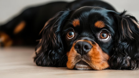 This adorable puppy sprawls out on a neat floor, adding warmth and joy to the serene space around it.の素材