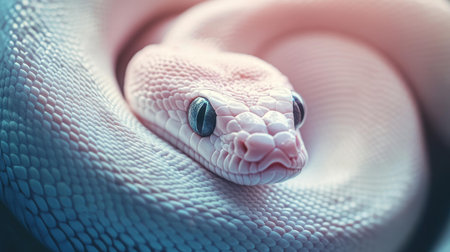 Observe a captivating snake with a sleek white body and bold black eye, perfectly highlighted by a clean backdrop.の素材