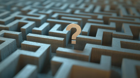 In a simple, clear space, a question mark appears lost in a maze, symbolizing the search for answers and clarity.の素材