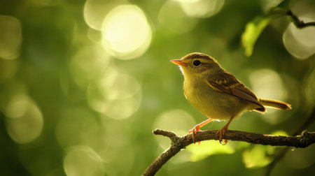 Delicate bird perched on a branch, showcasing serene beauty in a softly blurred nature backdrop for a peaceful vibe.の素材