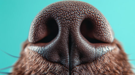 Experience an intimate view of a dogs nose in stunning detail, with a serene blue background enhancing the aesthetic.の素材