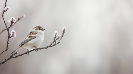 Delicate bird perched on a branch, showcasing serene beauty in a softly blurred nature backdrop for a peaceful vibe.の素材