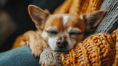 An adorable small dog snoozes on a lap, surrounded by a clean background, capturing a moment of pure tranquility.の素材