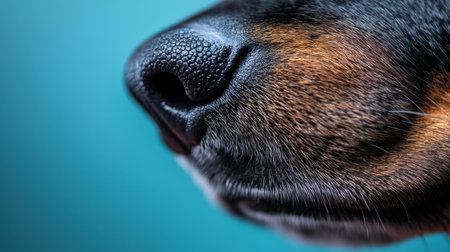 Experience an intimate view of a dogs nose in stunning detail, with a serene blue background enhancing the aesthetic.の素材
