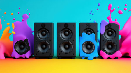 A dynamic splash of color frames sleek black floor speakers, embodying a playful audio atmosphere for music lovers.の素材