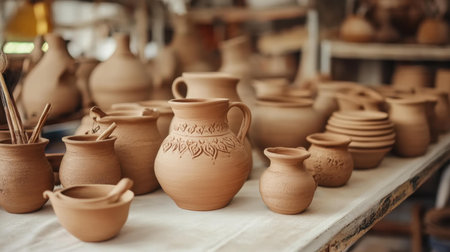 Discover unique artisan pottery displayed in a  studio, where each piece tells a story of skill and imagination.の素材